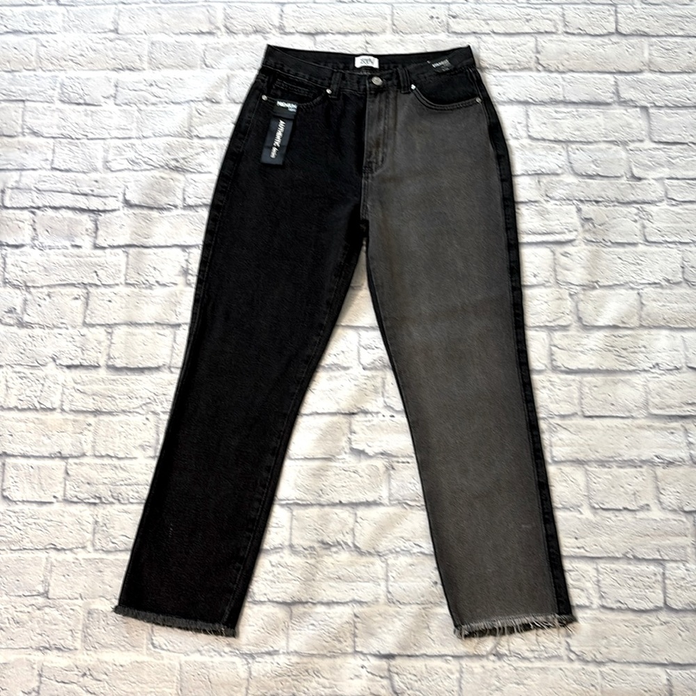 High-Rise Two-Tone Black & Gray Straight Jeans